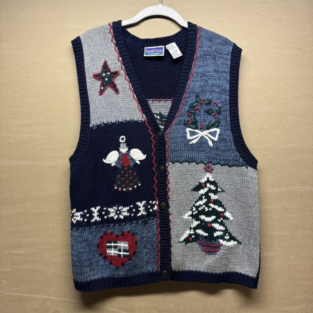 Vintage 90s North Crest Large Christmas Knit Sweater Vest Cardigan Button‎ Up
